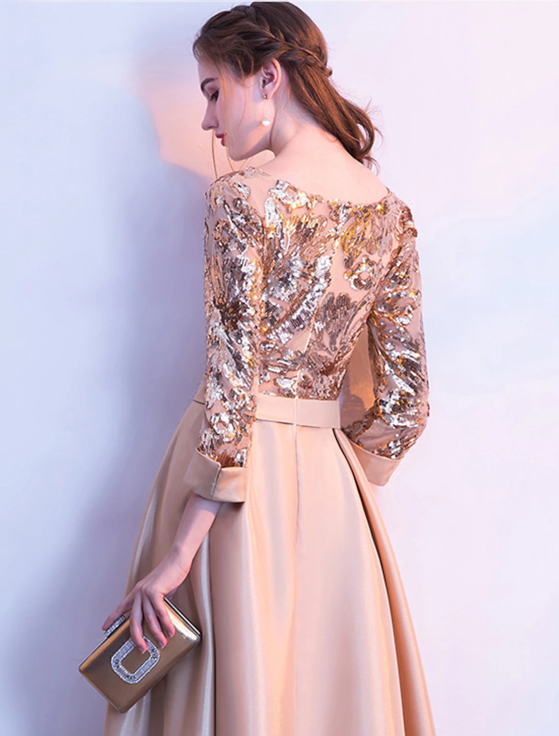 A-Line Glittering Elegant Prom Formal Evening Dress Jewel Neck 3/4 Length Sleeve Floor Length Satin with Sequin