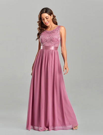 A-Line Evening Gown Dress Party Wear Floor Length Short Sleeve Jewel Neck Chiffon with Embroidery