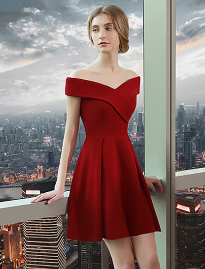 A-Line Elegant Vintage Party Wear Cocktail Party Dress Off Shoulder Short Sleeve Knee Length Spandex with Sleek