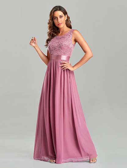 A-Line Evening Gown Dress Party Wear Floor Length Short Sleeve Jewel Neck Chiffon with Embroidery