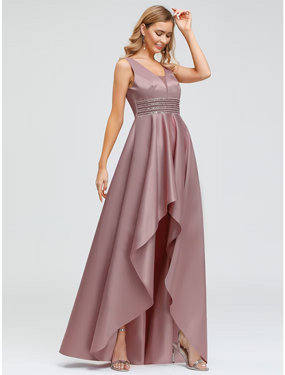 A-Line Elegant Wedding Guest Cocktail Party Dress V Neck V Back Sleeveless Asymmetrical Polyester with Crystals Beading