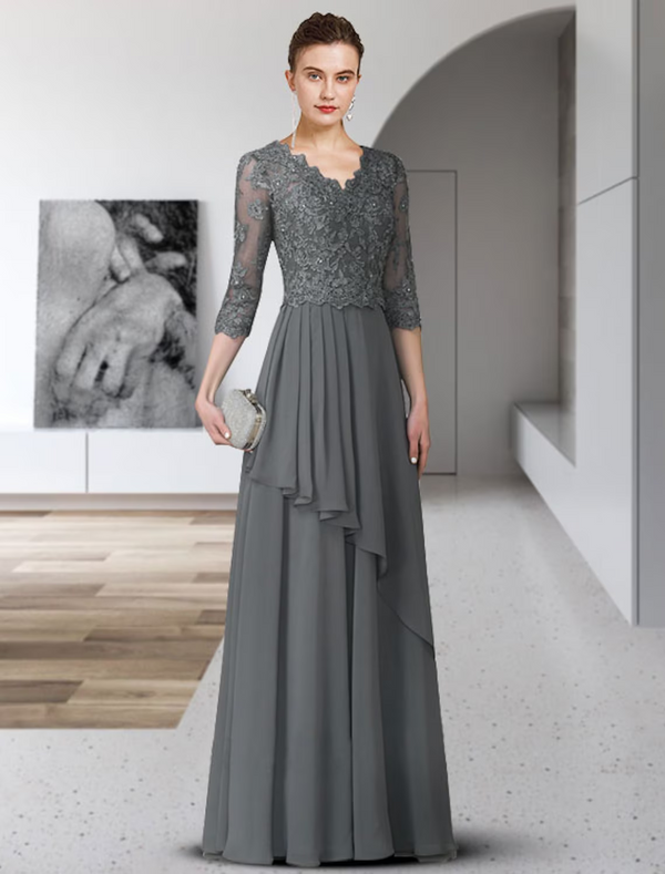 A-Line Mother of the Bride Dress Elegant V Neck Floor Length Chiffon L ...