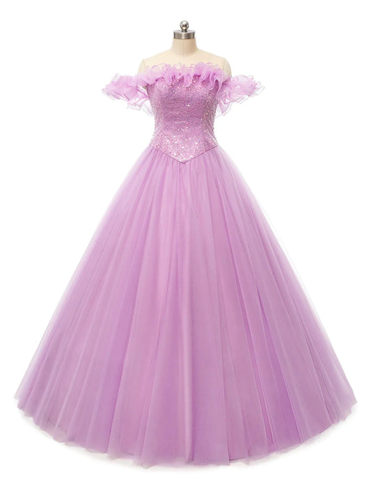 Prom Dresses Puffy Dress Quinceanera Floor Length Sleeveless Off Shoulder Tulle Pearls Sequin