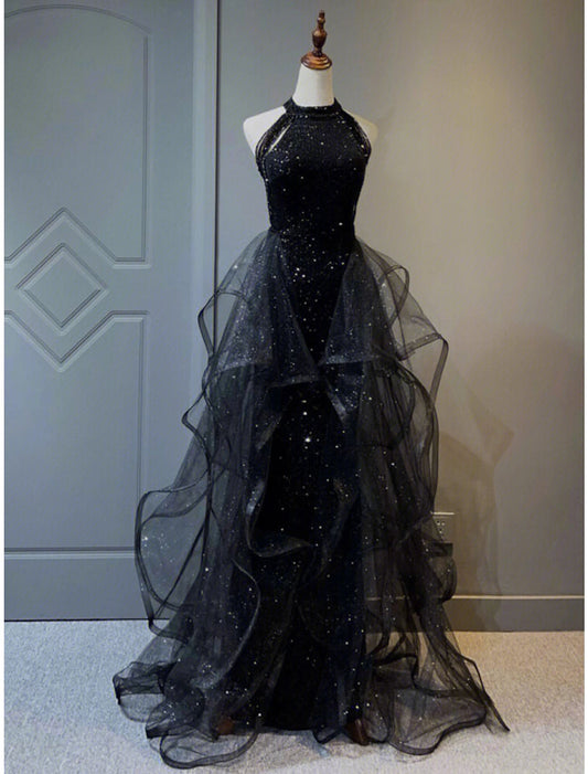 A-Line Prom Black Dress Plus Size Vintage Dress Wedding Party Birthday / Sleeveless Halter Neck Sequined with Crystals Sequin Ruffles