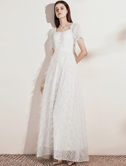 A-Line Evening Gown Dress Wedding Guest Floor Length Short Sleeve Scoop Neck Tulle with Buttons