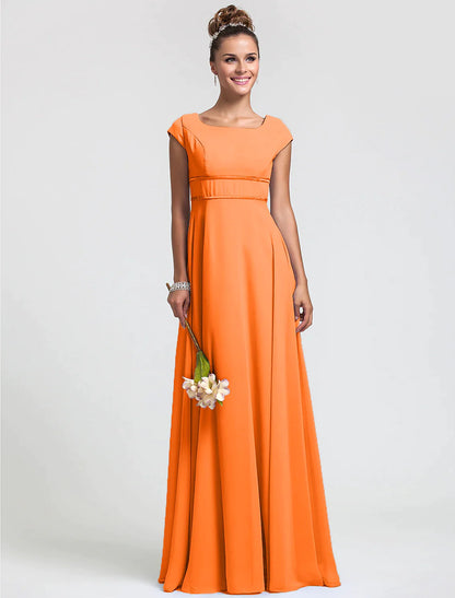 Bridesmaid Dress Square Neck Short Sleeve Elegant Floor Length Chiffon with Sash Ribbon Pleat