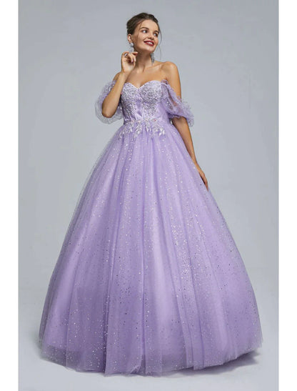 Ball Gown Prom Dresses Princess Dress Graduation Floor Length Short Sleeve Tulle with Sequin Appliques