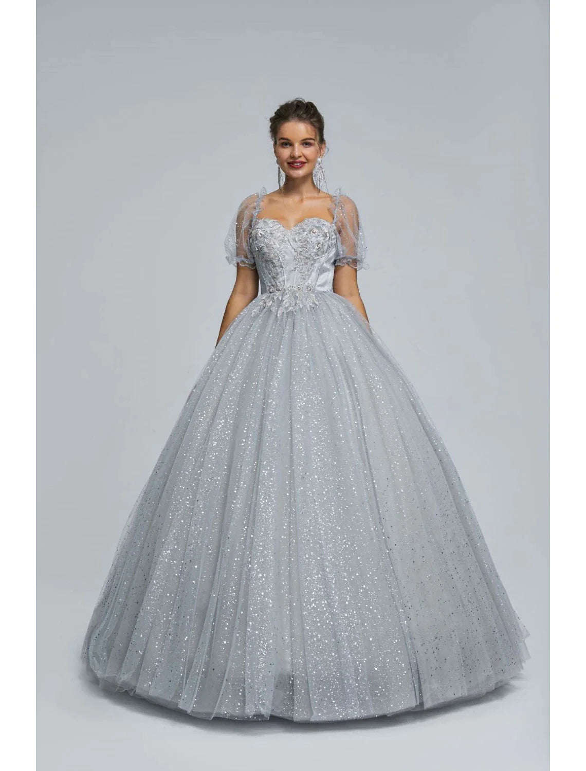 Ball Gown Prom Dresses Princess Dress Graduation Floor Length Short Sleeve Tulle with Sequin Appliques