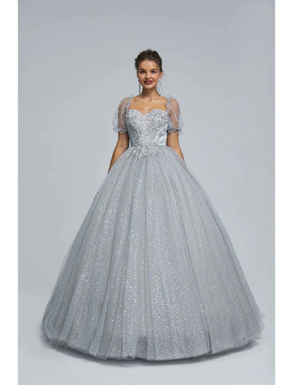 Ball Gown Prom Dresses Princess Dress Graduation Floor Length Short Sleeve Tulle with Sequin Appliques