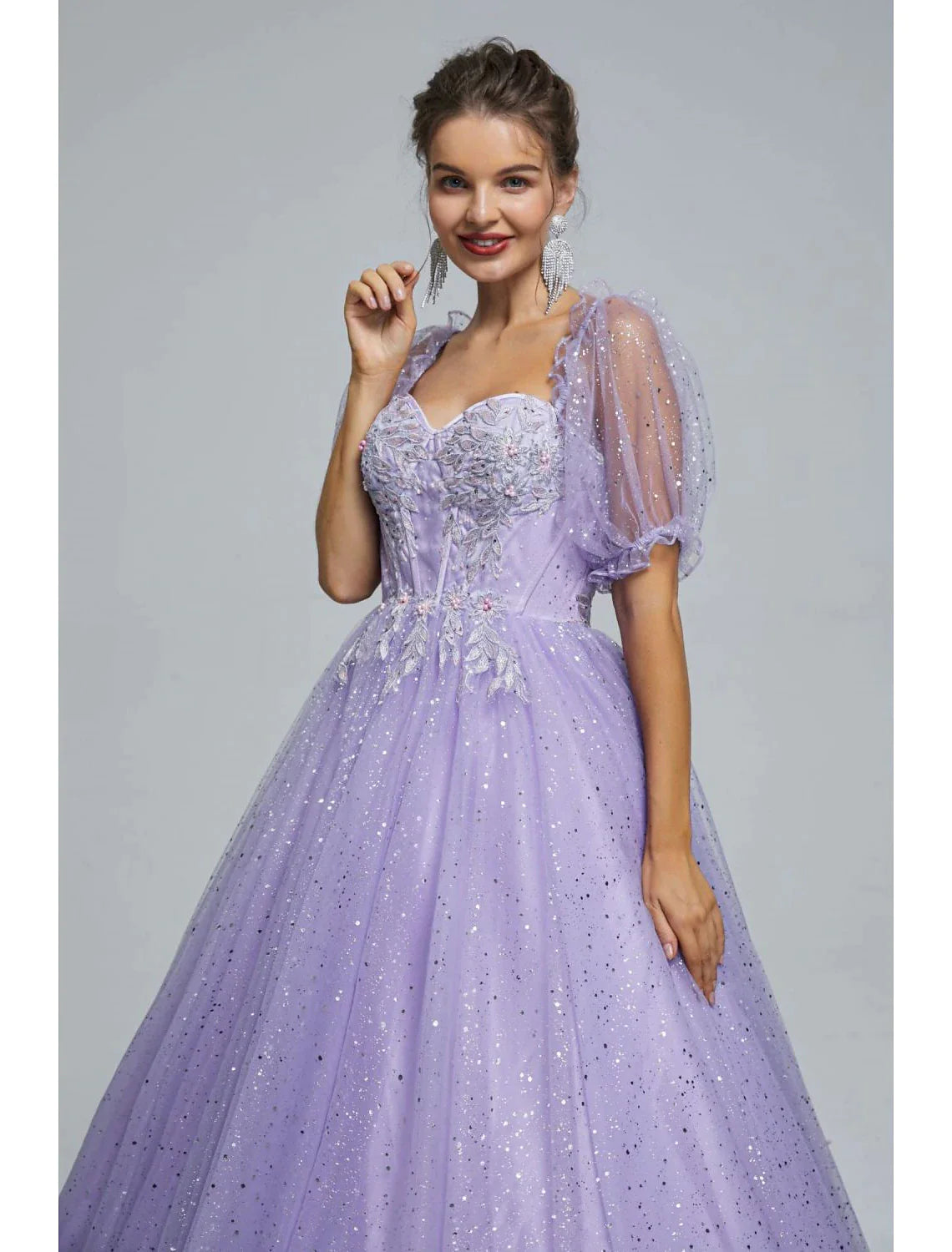 Ball Gown Prom Dresses Princess Dress Graduation Floor Length Short Sleeve Tulle with Sequin Appliques