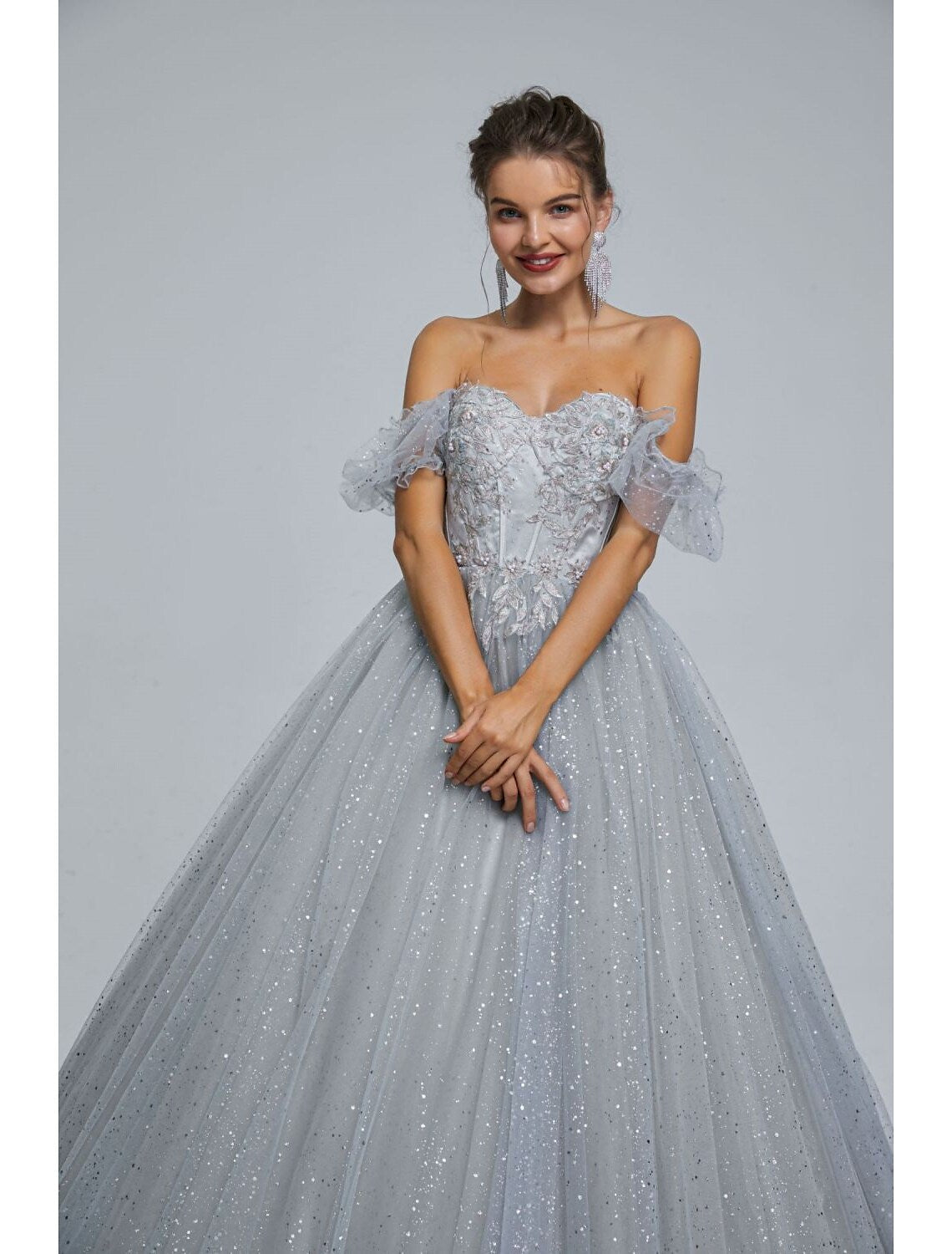 Ball Gown Prom Dresses Princess Dress Graduation Floor Length Short Sleeve Tulle with Sequin Appliques