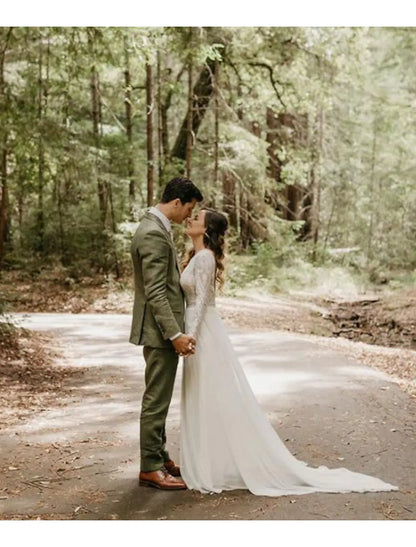 Beach Open Back Wedding Dresses A-Line Long Sleeve Lace With Pleats Appliques