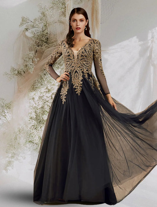 Luxurious Elegant Evening Dress V Neck Long Sleeve Floor Length Tulle with Sequin Appliques
