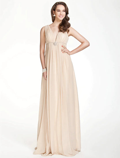 A-Line Bridesmaid Dress V Neck Sleeveless Beautiful Floor Length Chiffon with Pleats Beading