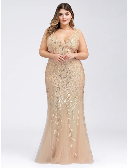 Mermaid / Trumpet Evening Gown Plus Size Dress Wedding Guest Engagement Floor Length Sleeveless V Neck Lace V Back with Appliques