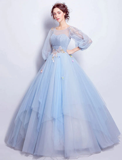 Puffy Quinceanera Engagement Dress Length Sleeve Floor Length Tulle leats