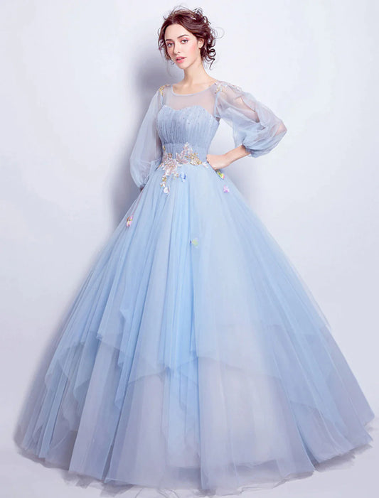 Puffy Quinceanera Engagement Dress Length Sleeve Floor Length Tulle leats