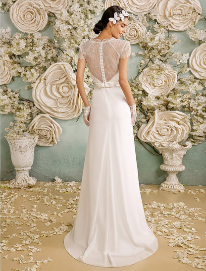 Beach Open Back Wedding Dresses Short Sleeve V Neck Chiffon With Crystal Button