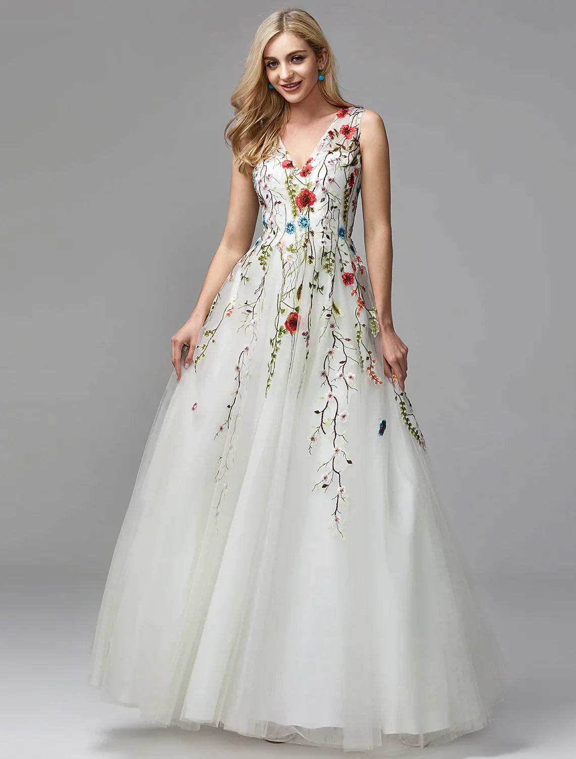 A-Line Dresses Floor Length Sleeveless V Neck Lace with Embroidery Appliques