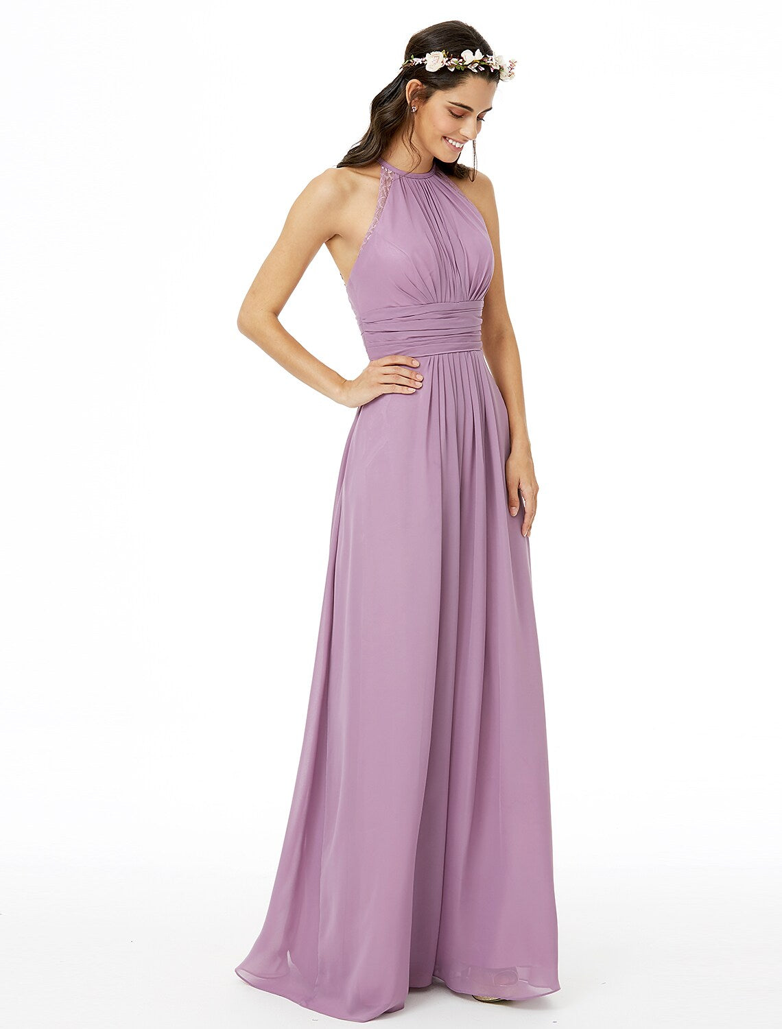 Bridesmaid Dress Sleeveless Beautiful Floor Length Chiffon with Lace Sash Pleats