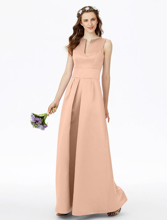 A-Line Bridesmaid Dress Notched Sleeveless Elegant Floor Length Satin with Pleats Pocket