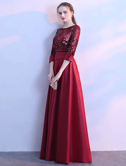 A-Line Bridesmaid Dress Long Sleeve Beautiful Back Floor Length Satin Tulle Sequined