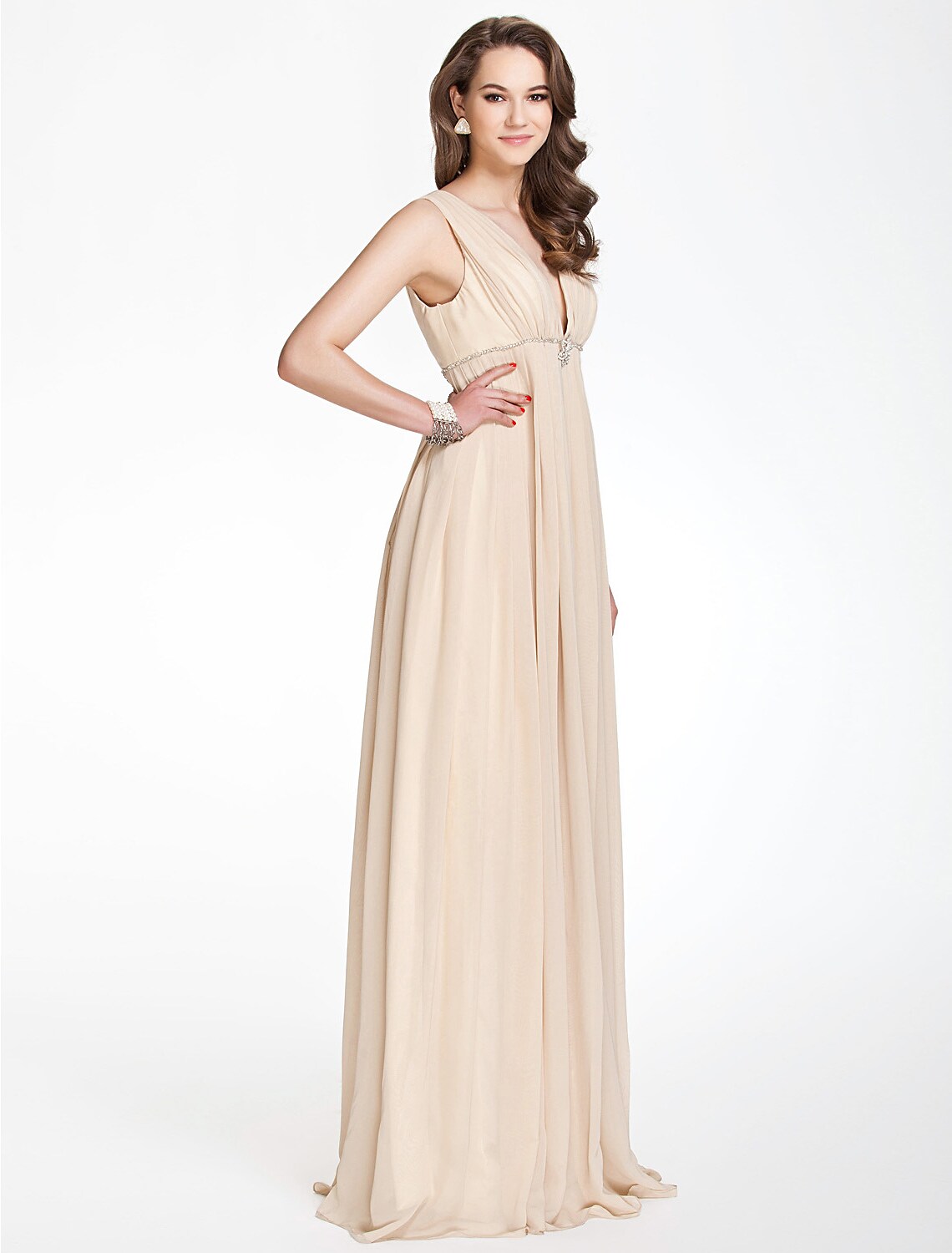 A-Line Bridesmaid Dress V Neck Sleeveless Beautiful Floor Length Chiffon with Pleats Beading