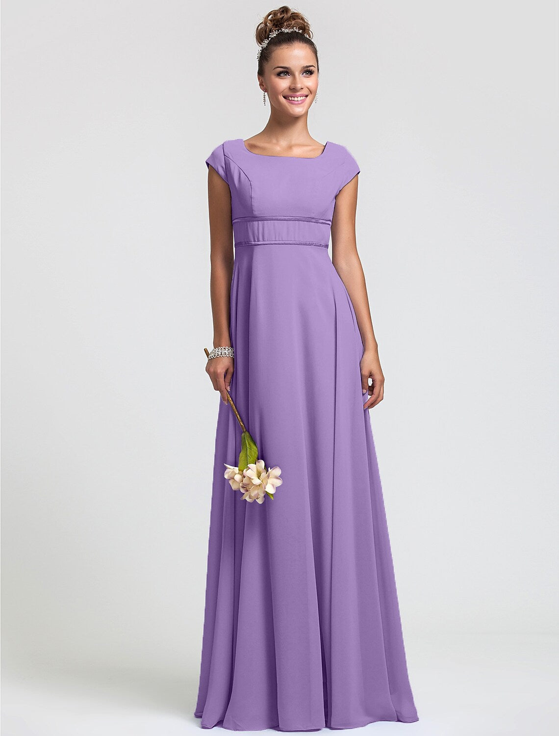 Bridesmaid Dress Square Neck Short Sleeve Elegant Floor Length Chiffon with Sash Ribbon Pleat