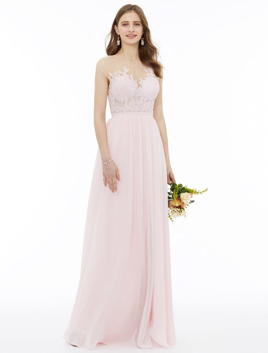 A-Line Bridesmaid Dress Sleeveless Floor Length Chiffon Floral Lace Sash Ribbon Appliques