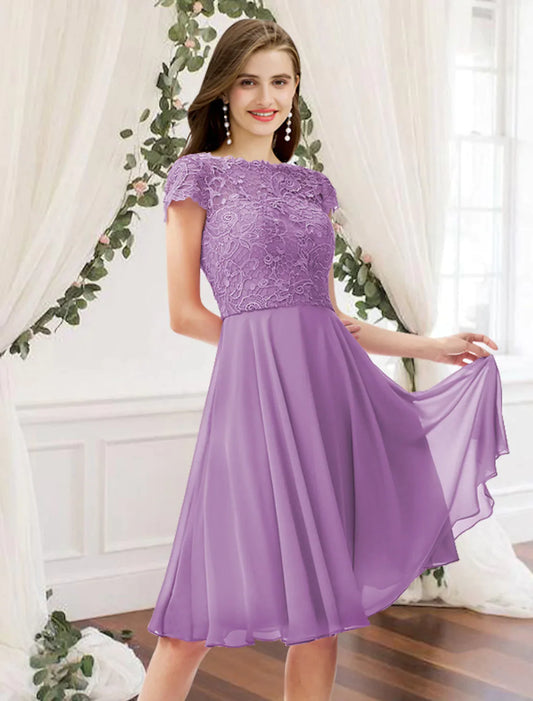 A-Line Bridesmaid Dress Sleeveless Elegant Knee Length Chiffon Lace with Pleats