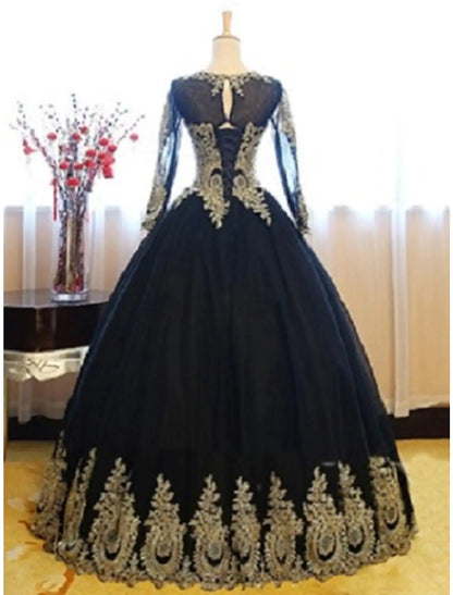 Luxurious Vintage Quinceanera Formal Evening Dress Long Sleeve Floor Length Lace Appliques