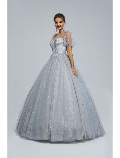 Ball Gown Prom Dresses Princess Dress Graduation Floor Length Short Sleeve Tulle with Sequin Appliques