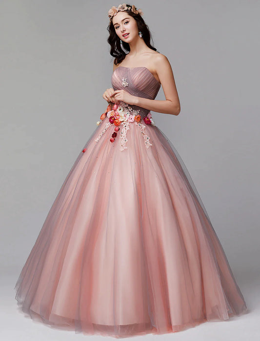 Ball Gown Evening Dress Strapless Sleeveless Floor Length Tulle Pleats Flower