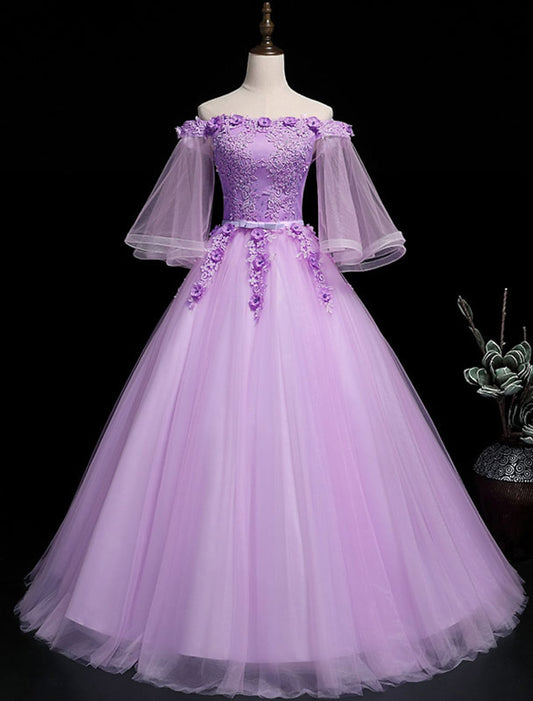 Luxurious Floral Quinceanera Prom Birthday Dress Off Shoulder Length Sleeve Floor Length Tulle Embroidery