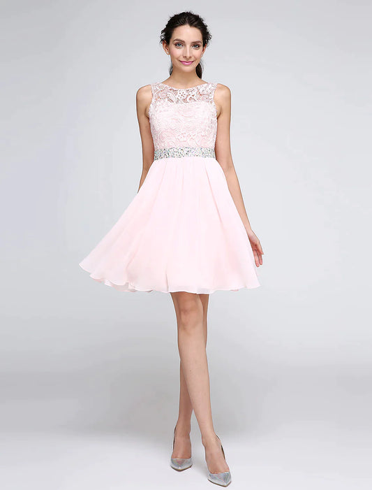 A-Line Dresses Party Dress Homecoming Short Mini Sleeveless Chiffon V Back with Crystals